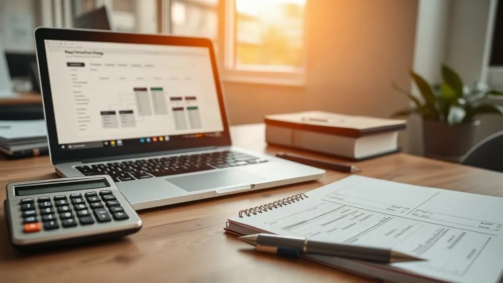 Escritorio de trabajo con documentos de proceso y un panel de flujo en pantalla